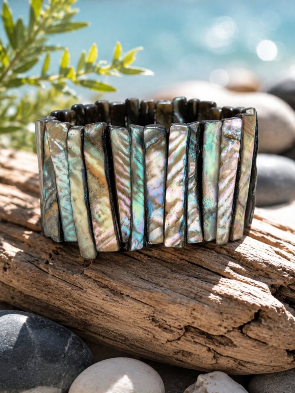 Vintage Abalone Shell Stretch Bracelet | Wide Iridescent Statement Cuff